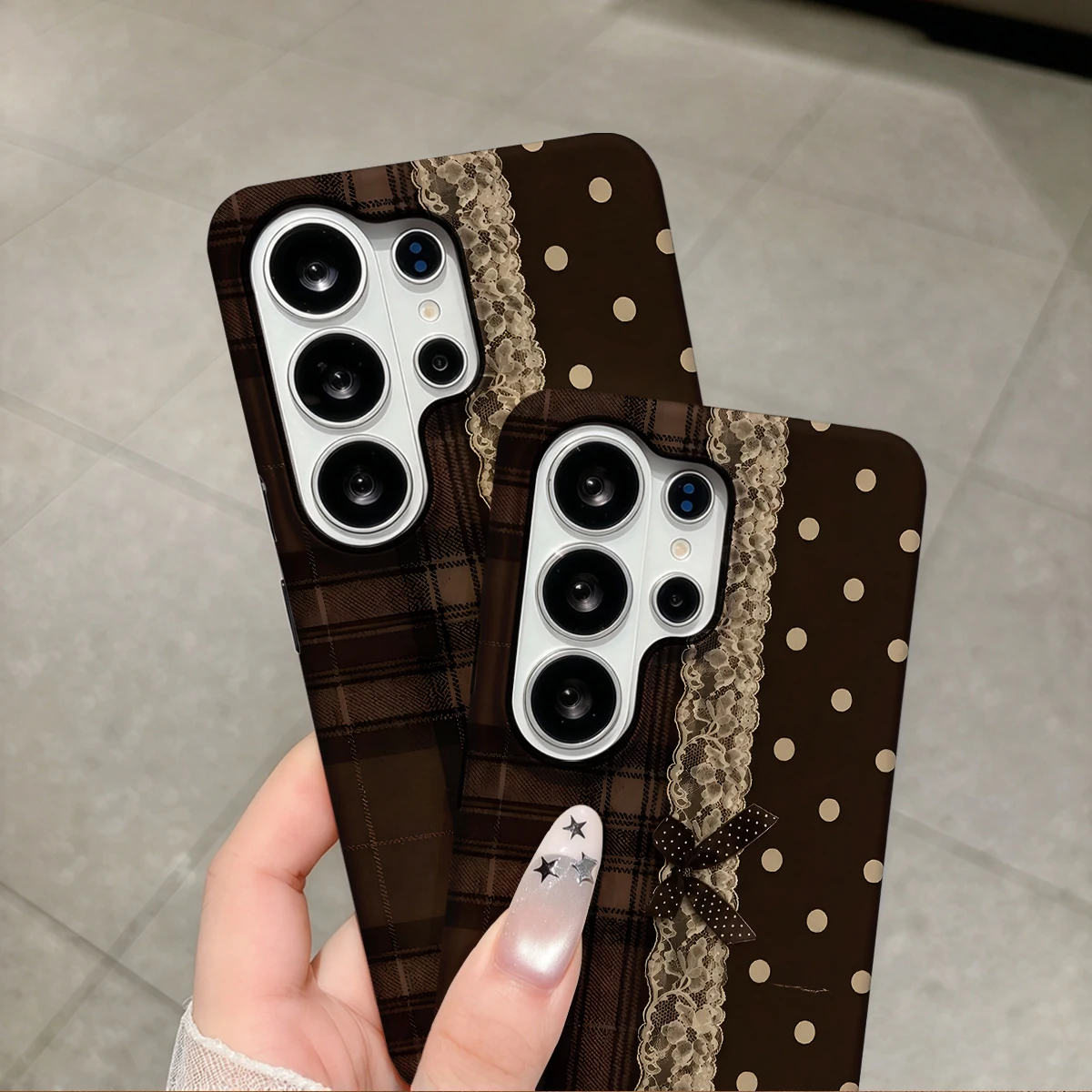 Brown Plaid Lace Bow Dots Phone Case For Samsung Galaxy S26 S25 Ultra S24 S23 Plus Hard Shock‑Absorption 2-in-1Protective Cover