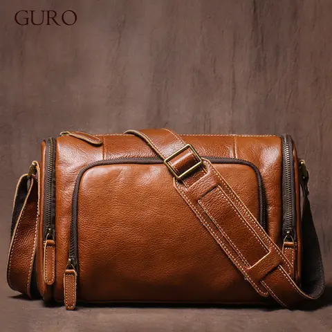 GURO 남성용 프리미엄 가죽 숄더백 – 파티 디럭스 크로스바디, 빈티지 소가죽, 멀티 컴파트먼트 메신저 백