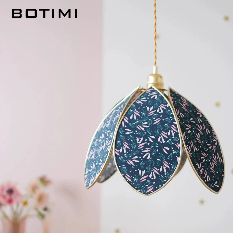 

BOTIMI Flower Cloth LED Pendant Light For Bedroom Wire Hanging Blue Fabric Art Suspension Luminaire Bedside Lamps
