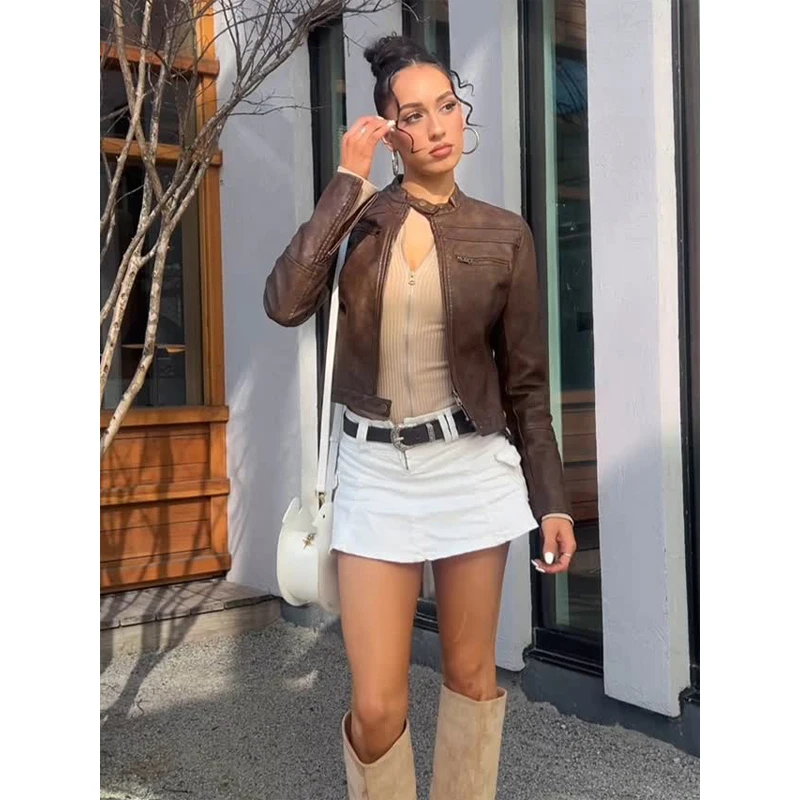 Chaqueta Corta de Cuero Retro con Cuello Mao para Mujer, Elegante, de Manga Larga, con Cremallera, Ajustada, Estilo Crop, Novedad 2026, para Uso Diario y Moda Urbana
