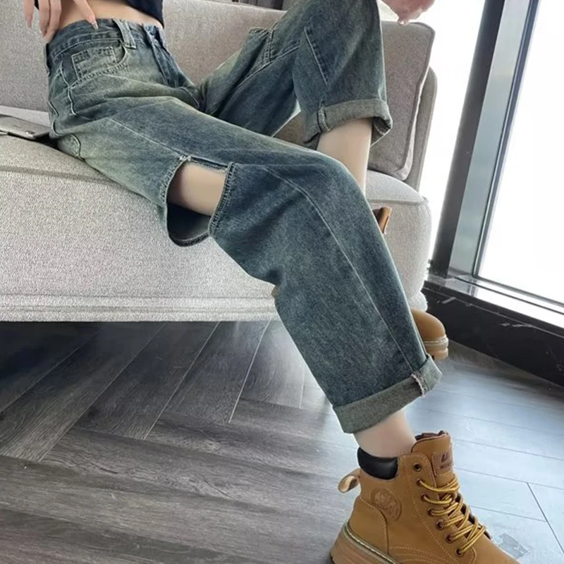 Cool Girl Fashion Style Street Pants Hole Breaking Trend Design Jeans High Waist Wide Leg Casual Straight Jeans Baggy Wide Leg J