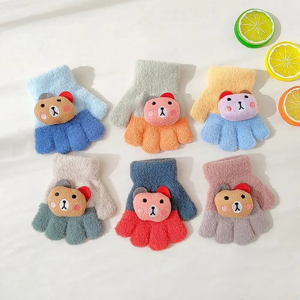 Baby Kids Warm Supplies Full Fingers Gloves Cartoon Bear Children Thickened Mittens For Boys and Girls Five Finger Gloves