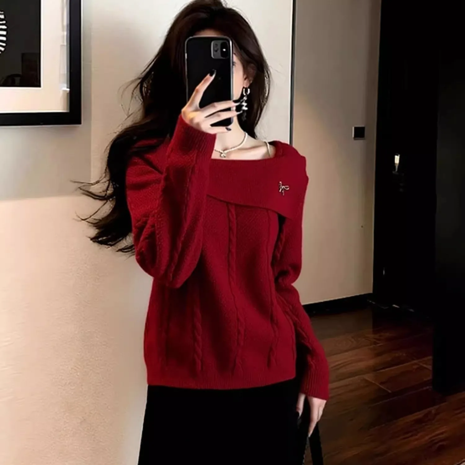 Suéter de punto rojo coreano Sle para mujer, Top cuadrado holgado Ne adelgazante, novedad de Otoño Invierno, Top antienvejecimiento Faion