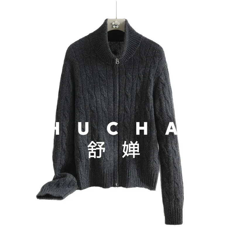 

2025 Winter New Products Fashionable and Capable Stand-up Collar Twisted Zipper 100 Wool Knitted Cardigan Women