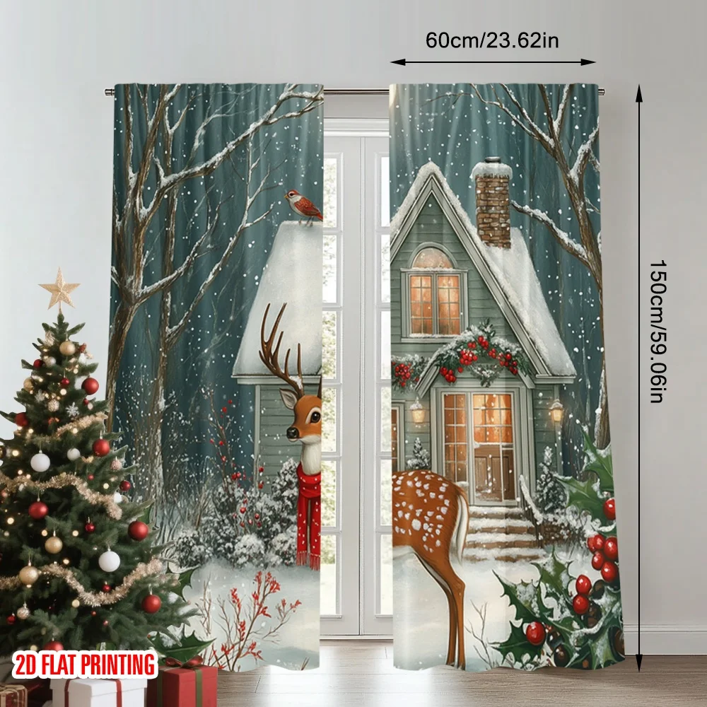 2 قطعة 2D الطباعة المسطحة حفلة عيد الميلاد الستار الغزلان الكاردينالز منزل ثلجي (3) النسيج بدون كهرباء عطلة احتفالية الكمال