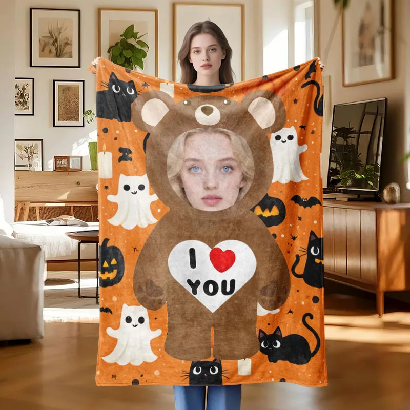 

1Pc Custom Photo Halloween Bear Flannel Blanket Ghost Gifts Suitable for Living Room Bedroom Sofa Car Office Decor