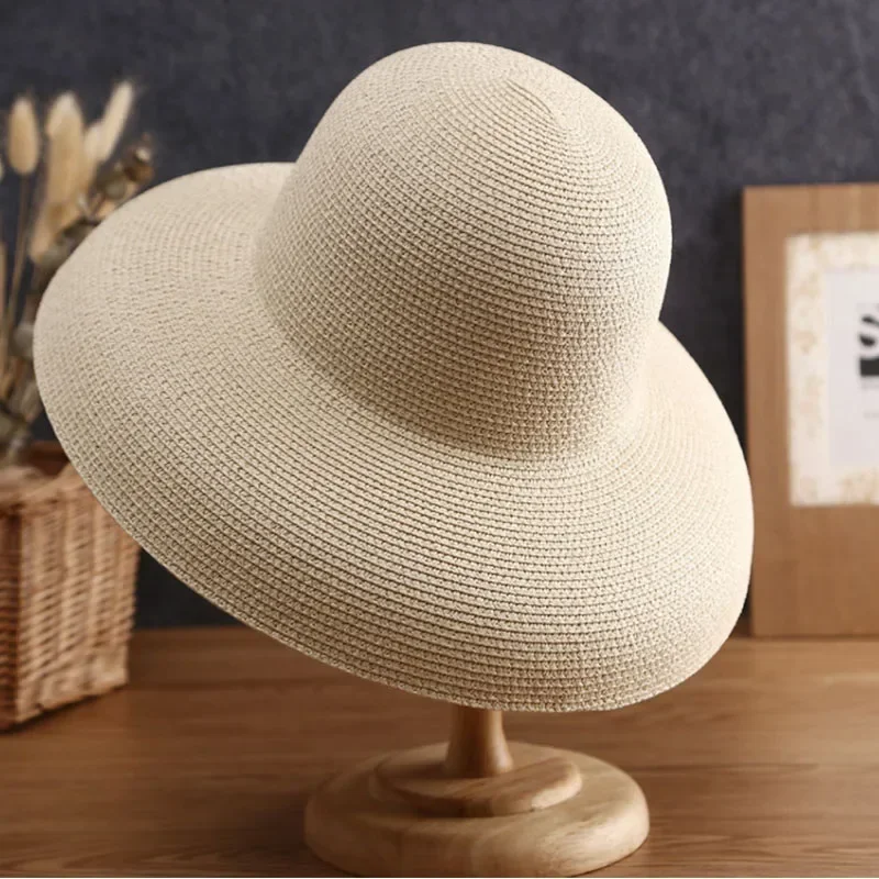 French Summer Hat New Female Sun Hat Folding Beach Hat Big Brim Sunscreen Wind Sun Hat Travel Vintage Beach Straw Hat