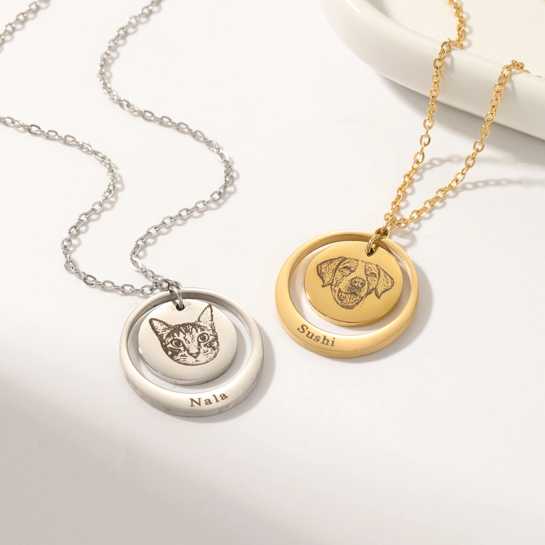 Gepersonaliseerde ketting Aangepaste fototekst Ronde ketting Gegraveerde naam Roestvrij staal Ronde vorm Hanger Ketting Sieraden