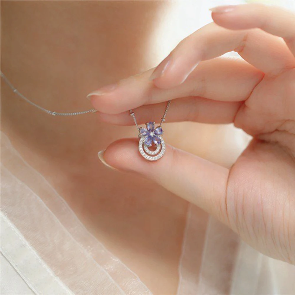CCFJOYAS Small Fresh Sweet 925 Sterling Silver Light Purple Zircon Flower Pendant Necklace for Women Romantic Exquisite Necklace