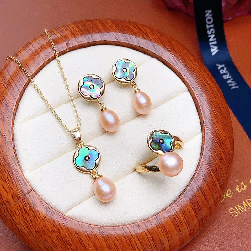 one Set abalone shell freshwater pearl white/gray/pink/purple/gray/yellow/black earring ring pendant