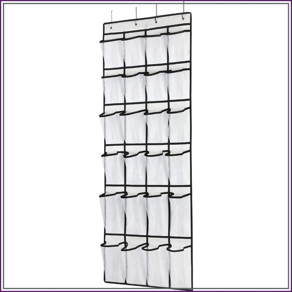Over Door Shoe Organizer with 24 Mesh Pockets, Hanging Shoe Rack for Closet, Bathroom, Dorm, Adjustable Hooks, White