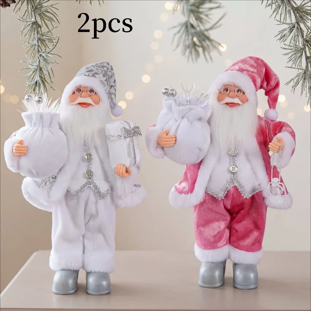 Two-piece powder-white standing Santa Claus decorative set. Sophisticated fabric Santa Claus. Hand-held gift package with lanter