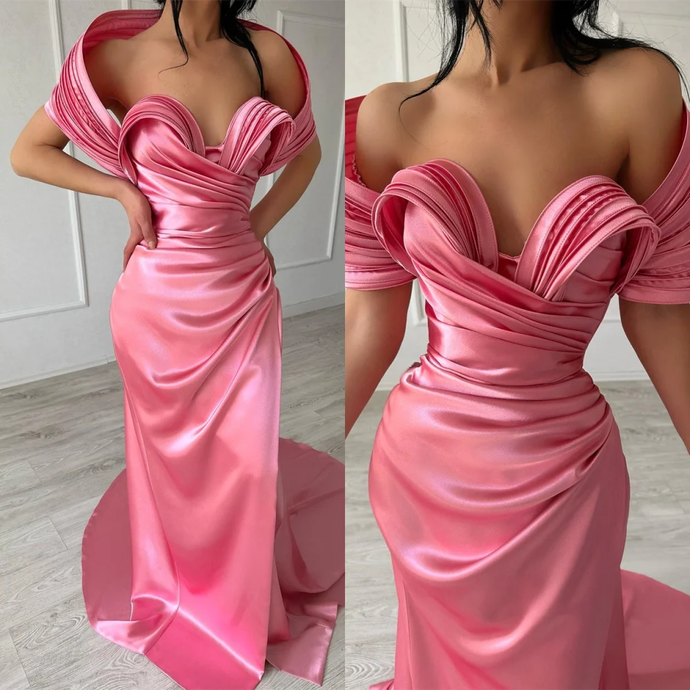 

Customized Elegant Pink Satin Evening Dress High Quality Off the Shoulder Homecoming Dresses Modern Court Train Prom Dress