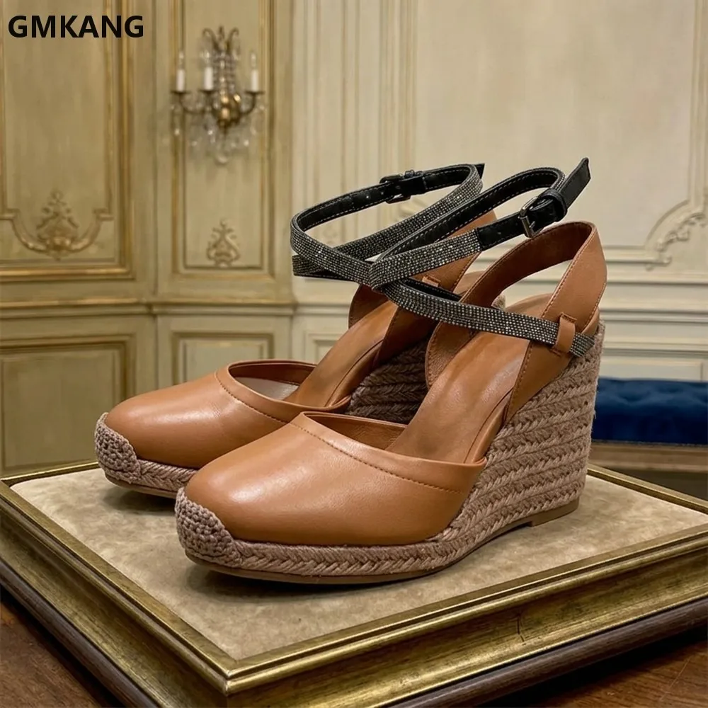 2026 Women's Hemp Rope Wedge Heels Sandals, Suede Leather Ankle Strap, Beaded String Design, Comfortable Platform Summer