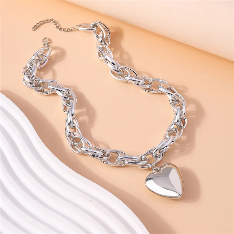 Aihua Punk Liebesherz-Anhänger Halsketten Mode Hip-Hop Doppellagige Silberfarbene Dicke Ketten-Choker-Halskette Party-Schmuck – Detail 5