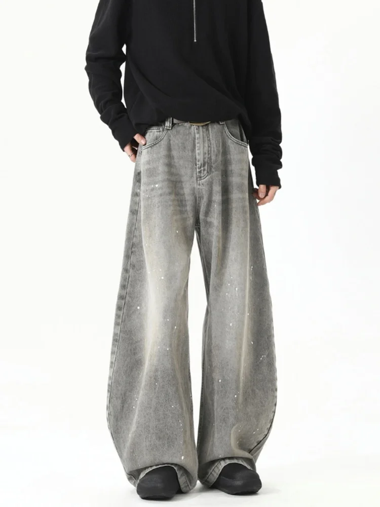 

Retro Waed ey Spray Ink Bent Knife Jeans Men High Street Trend Brand Vintage Wide Leg Pants Cool Loose Floor-Length Pants
