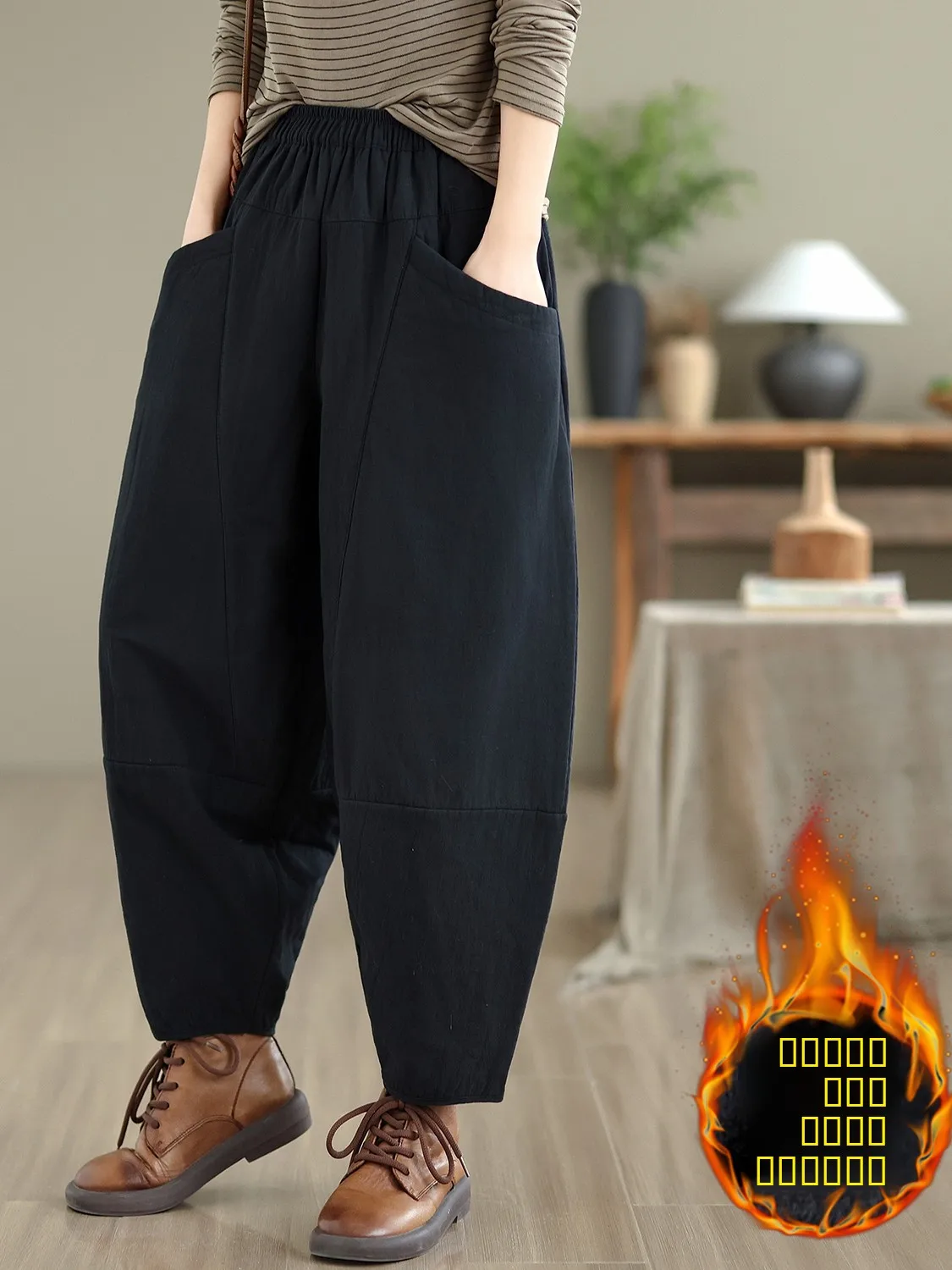 سراويل هارلان القطنية النسائية فضفاضة تناسب السراويل الدافئة فانوس مرونة الخصر سراويل قطنية لخريف وشتاء