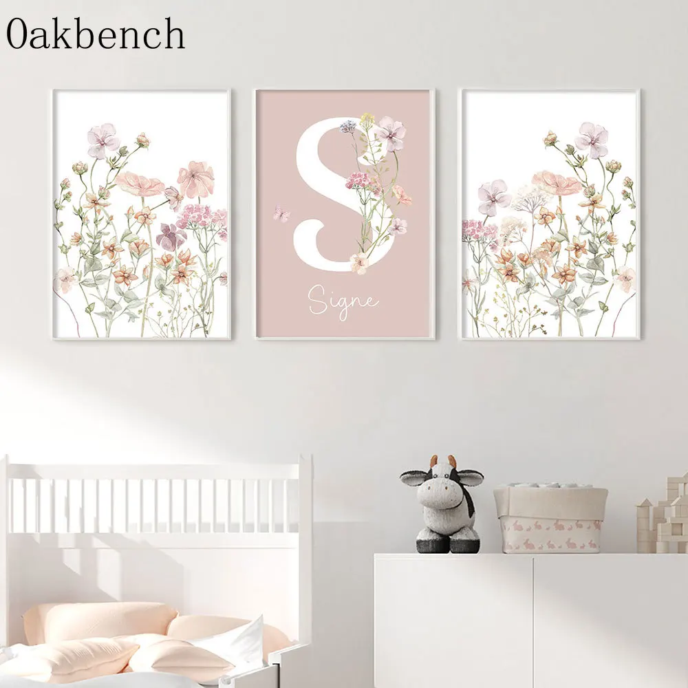 Personalized Name Custom Wall Art  Pink Flowers Canvas Poster  Girls Bedroom Wall Decoration Kindergarten DecorPosterNo Frame