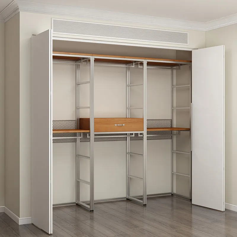 Wardrobe Home Bedroom Solid Wood Metal Cloakroom Floor-to-ceiling Wrought Iron Clothes Hanging Steel Frame Open Walk-in Coat Rac