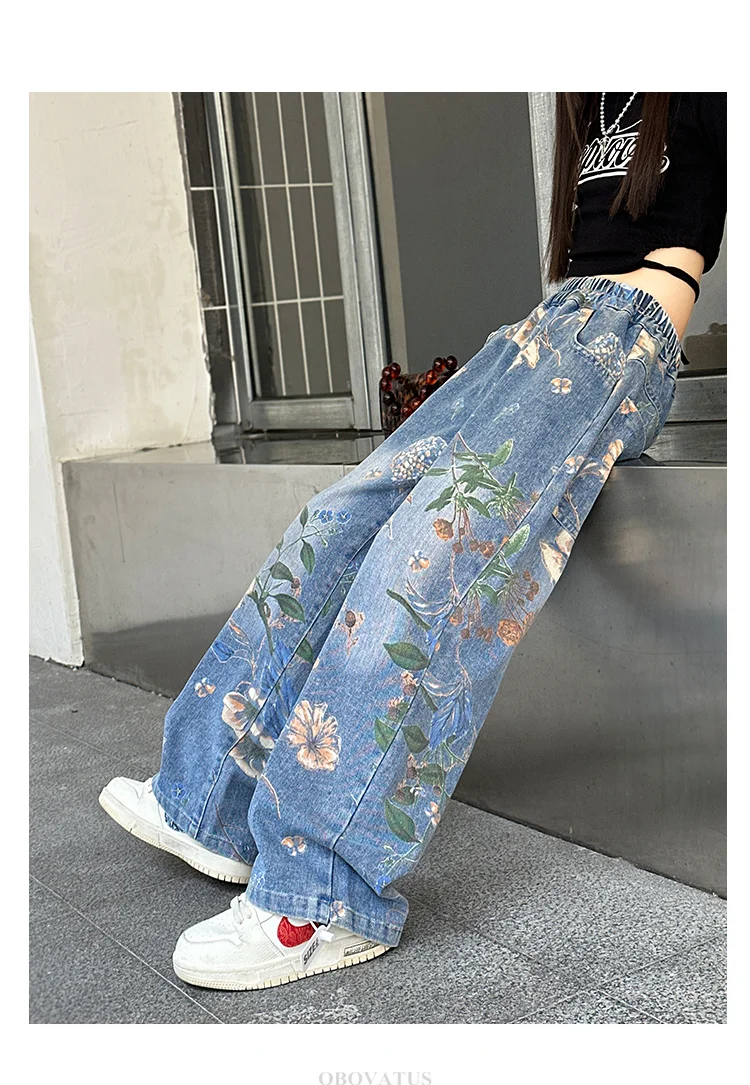 Designer-Jeans für Kinder im High-Street-Stil mit Blumenmuster für Mädchen, trendige Jeanshosen für Teenager, weite Jeanshosen mit Blumenmuster. – Detail 7