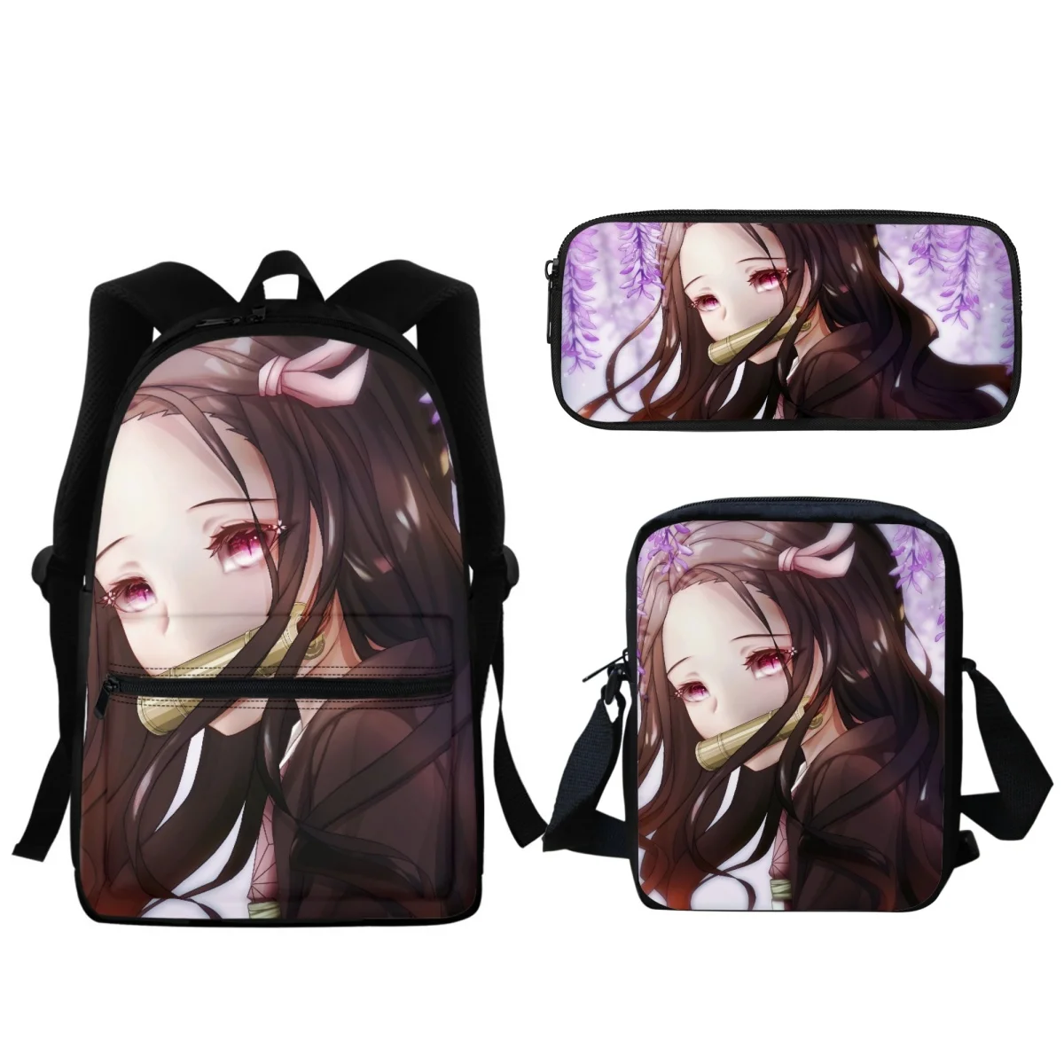 Anime Demon Slayer Fashion Kids School Backpack Cute Kamado Nezuko Print Lunch Bag Shoulder Bag Pencil Case School Supplies Gift