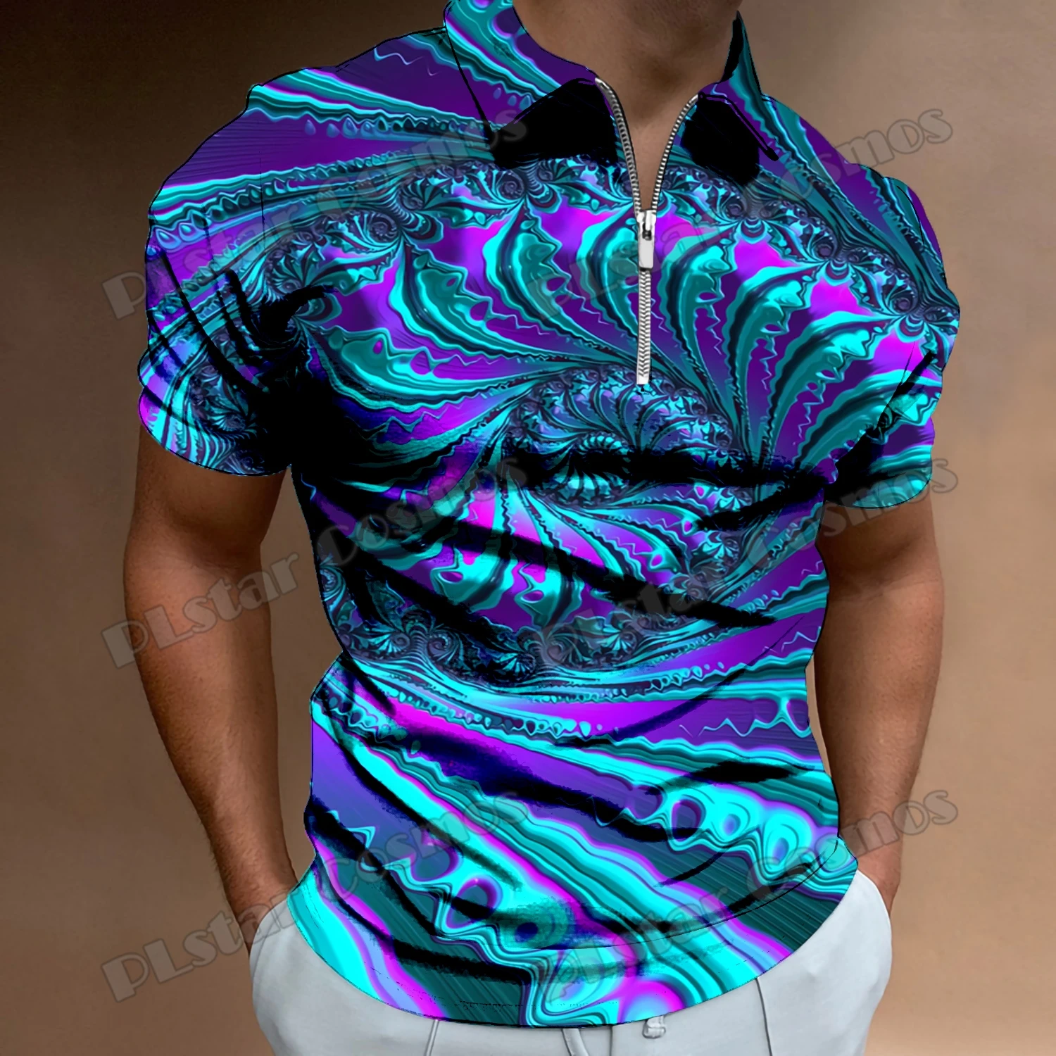PLstar Cosmos Trippy Shirt Glow in the Dark 3D Full Printed Psychedelic Polo shirt with zipper Summer Hipster Short Sleeve POL55
