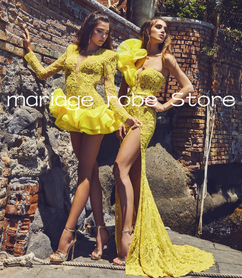 yellow lovely mini evenign cocktail dresses ruffles floral skirt long sleeve v-neck lace short birthday gala gown customsized