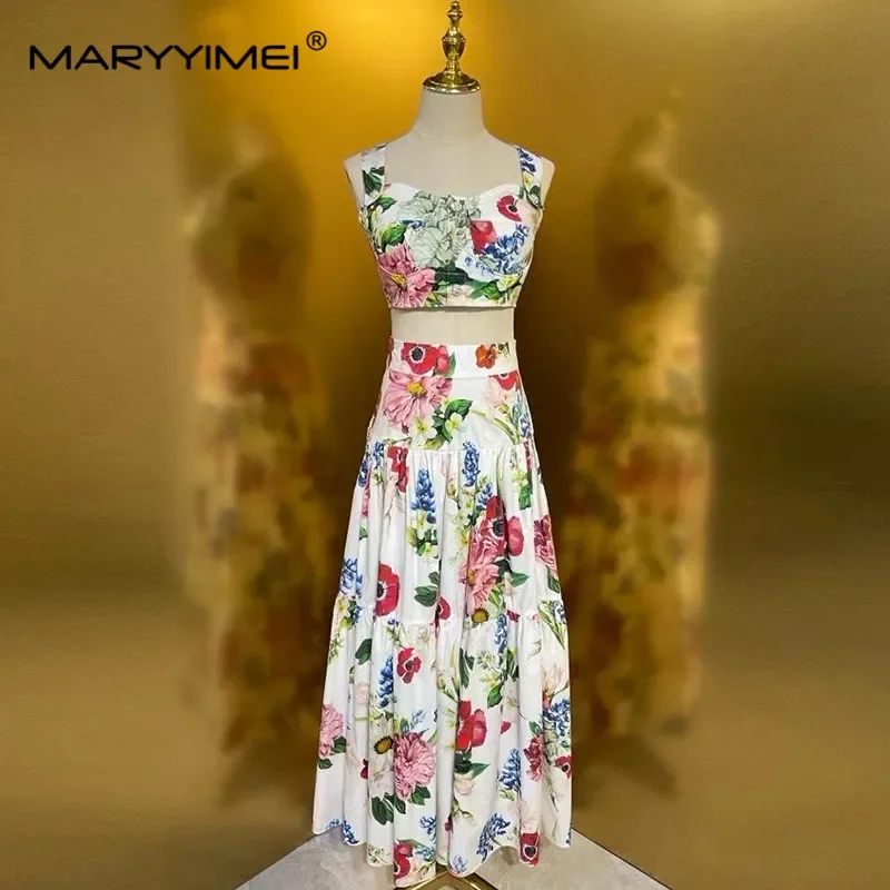 

Seifrmann Fashion design Women's Suit Spaghetti Strap Backless Slim Short Tops+High waist Pleated skirt Cotton Print 2-piece set