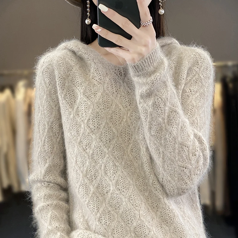 ZYCZCXX 100% Mink Cashmere Women's Hooded Sweater Thick Warm Jumper 2023 New fashion Sweater Solid Ccolor Wwomen's Sweater