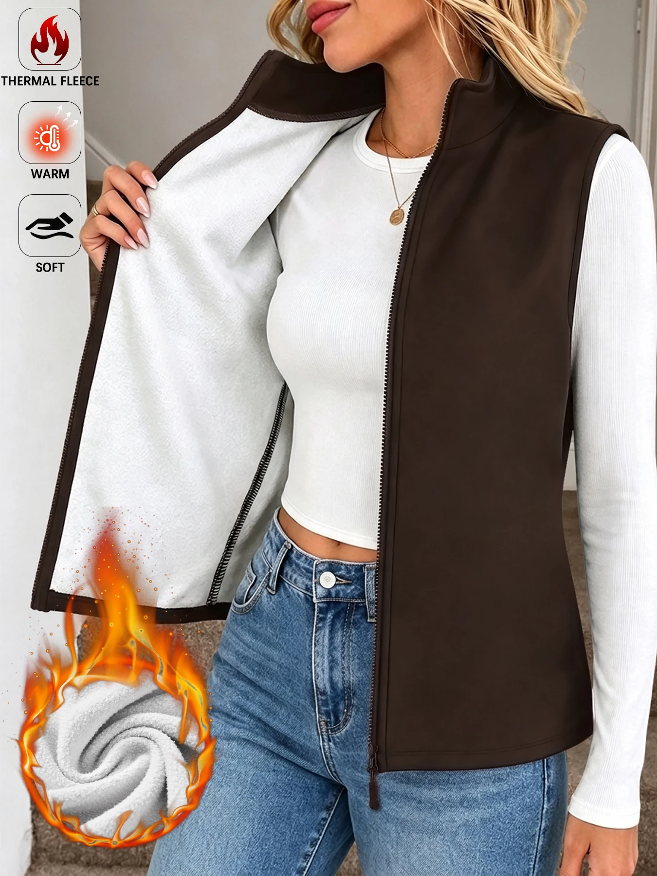 Fleece-Weste für Damen, dick, weich, mit Stehkragen, Reißverschluss, lässige Weste für den täglichen Gebrauch im Winter. – Detail 10