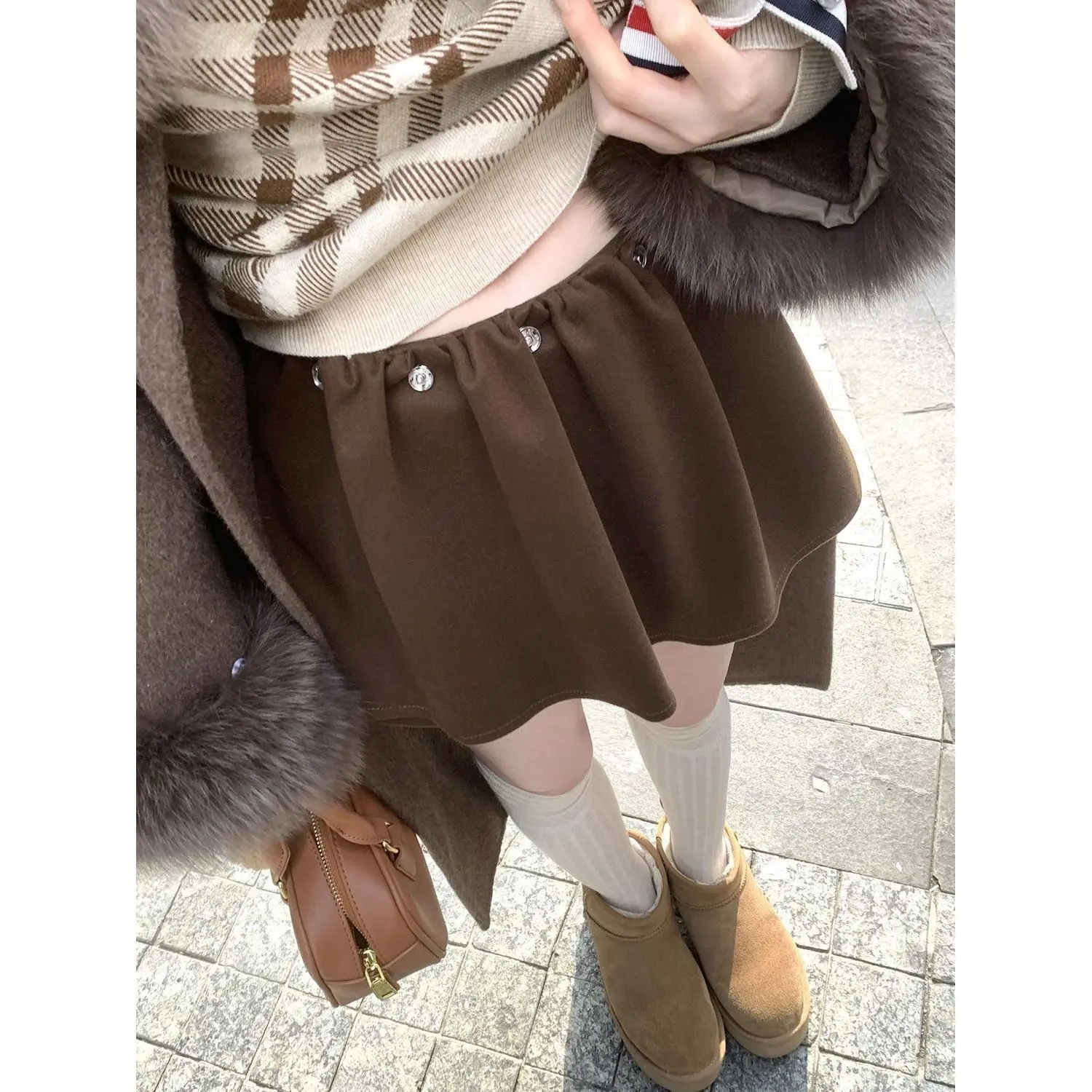plus Size Vintage  Skirt Women's Autumn Winter 2026 New Slimming Anti-Light Fluffy Short Skirt Pants High Waist A-Line Ko...