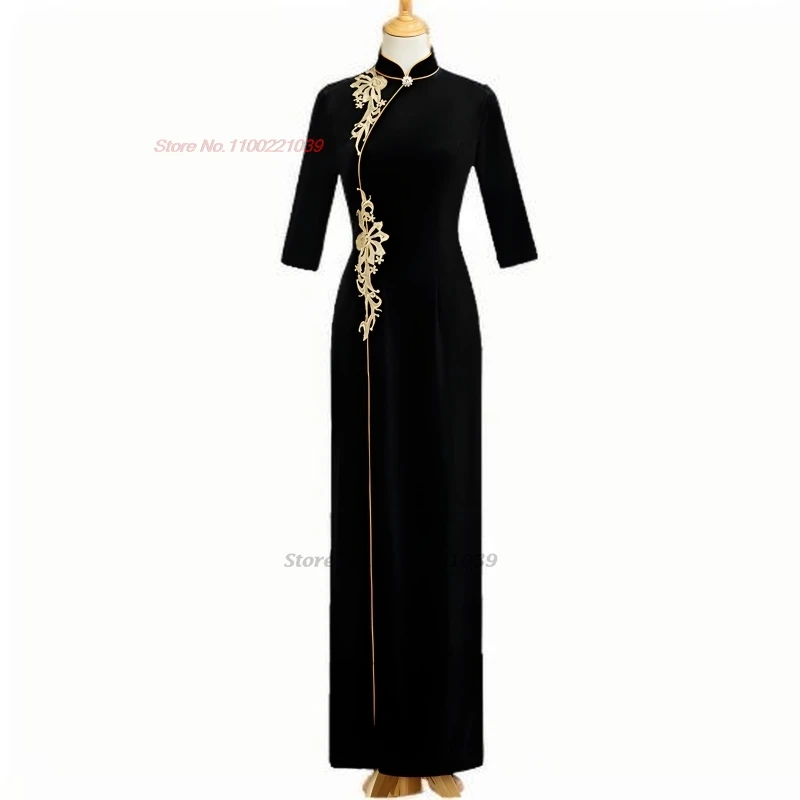 2025 fleur nationale broderie velours qipao amélioré cheongsam robe formelle rétro scène performance robe banquet robe de soirée