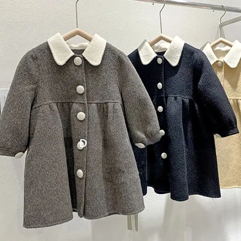 

Baby and Girls' Overcoat Autumn/Winter New Single breasted Collar Woolen Coat Children's Medium to Long Warm Coat