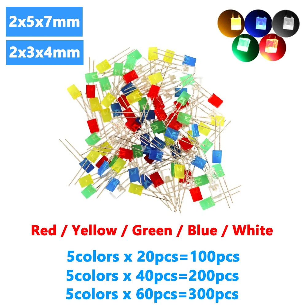 2x5x7mm LED-Set Quadratisch 5 Farben LED-Diode 2x3x4mm Leuchtdioden-Set Rot Gelb Grün Blau Weiß DIY Leuchten Emittierende Lampe