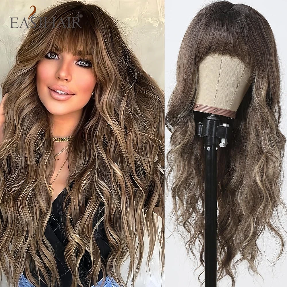 EASIHAIR Ombre Brown Balayage Long Curly Wavy Synthetic Wigs with Bangs for Brazilian Women Daily Cosplay Party Heat Resistant