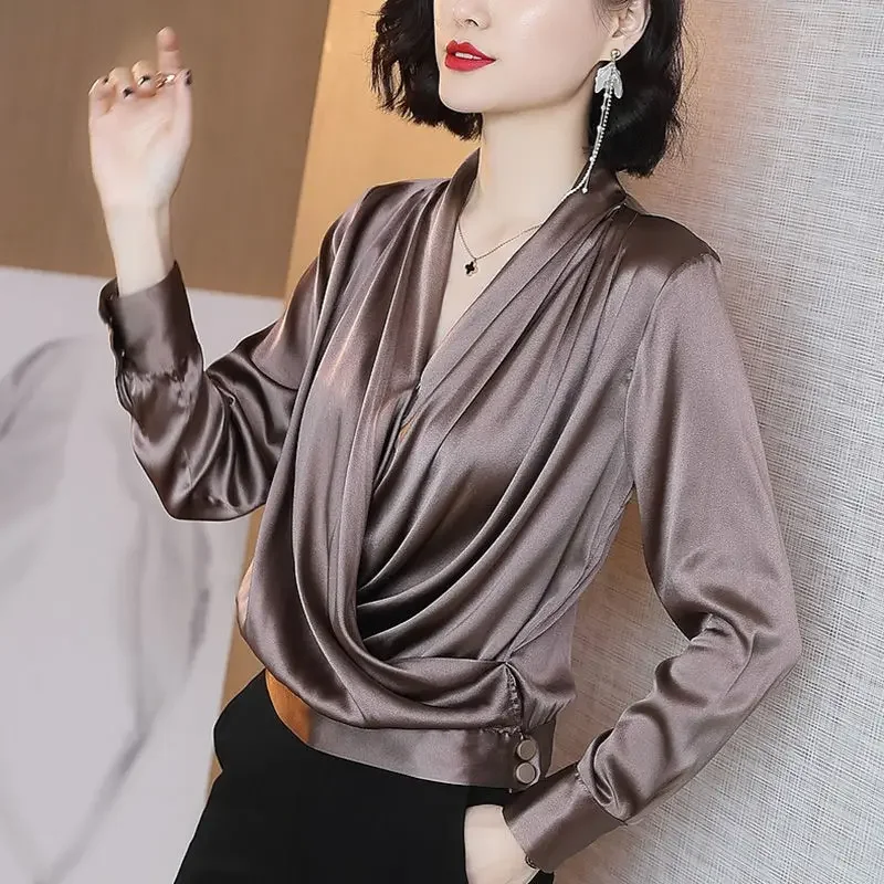 Blouse Women Shirt Silk Top Women\'s Spring Loose Cross V-neck Long Sleeve Shirt Blusas Mujer De Moda