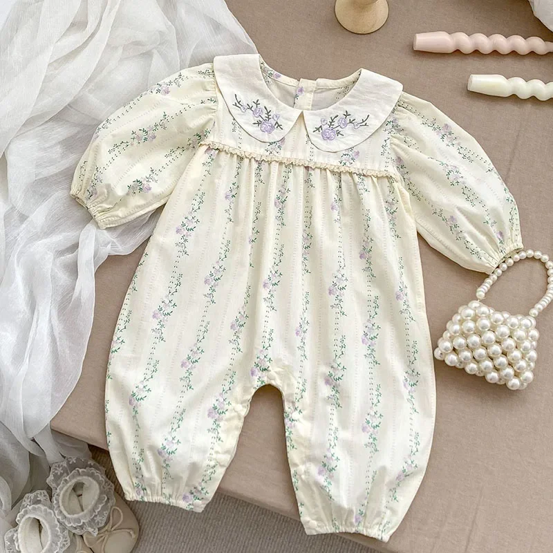2024 New Autumn Infant Baby Girls Jumpsuit Long Sleeved Cotton Flower Print Toddler Baby Girls Romper 0-24M Children Clothes