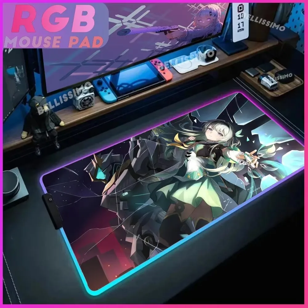 F_firefly RGB Gaming Mouse Pad Desk Accessories H_honkai S_star R_rail Desk Protector Mat Coloruful Lamp HD Anime Desk Pad