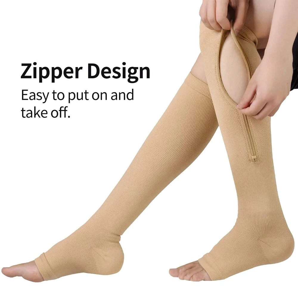 1Pair Zipper Compression Socks,15-20 mmHg Knee High Compression Socks for Men Women,Close Toe Support Socks for Edema