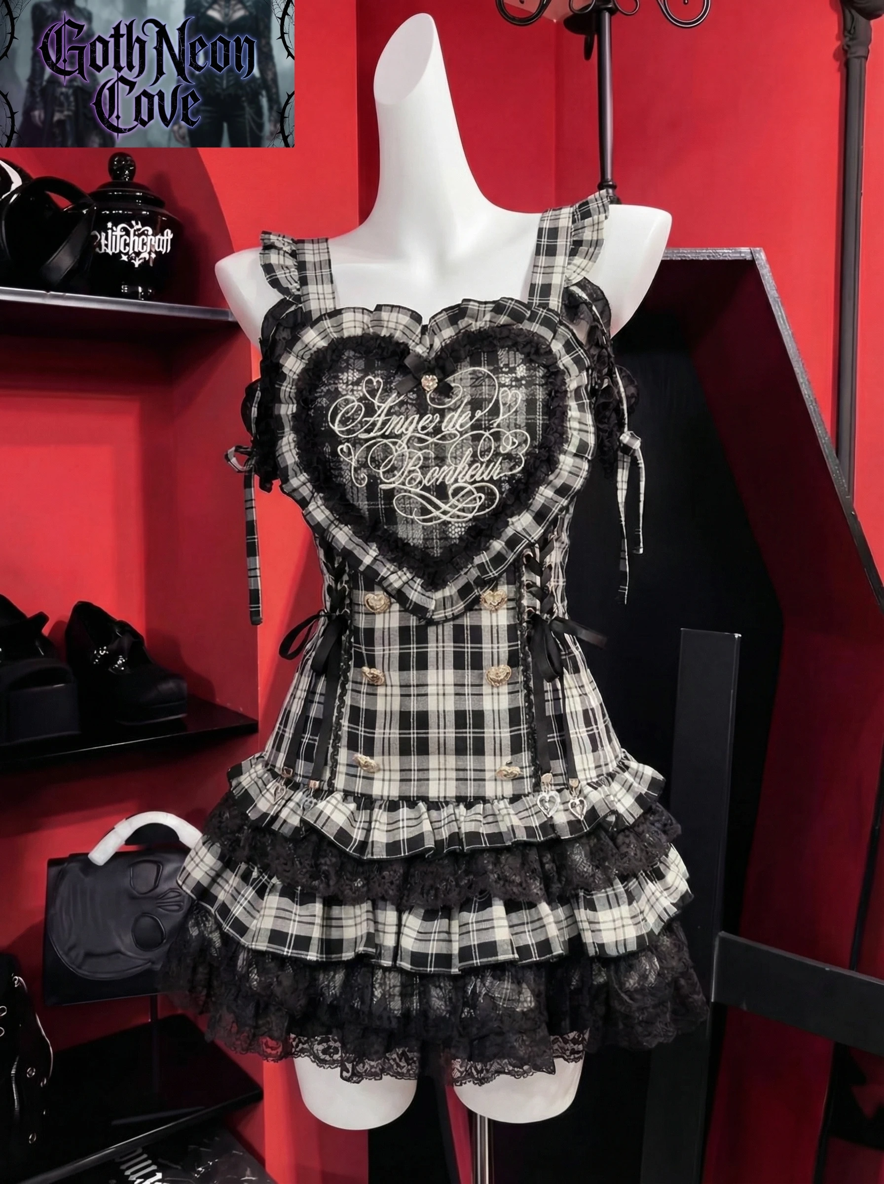 Sweet Japanese Lolita Plaid Lace Heart Embroidery Jumper Dress with Skirt 2 Piece Set Cute Kawaii Mass Produced Style Princess