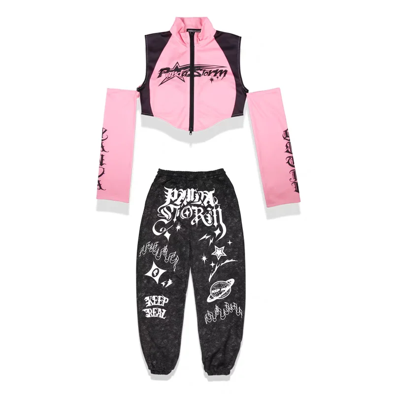 Hiphop Danskostuum Voor Meisjes Roze Tops Zwarte Broek Tieners Jazz Danskleding Kpop Outfits Kids Podiumkleding