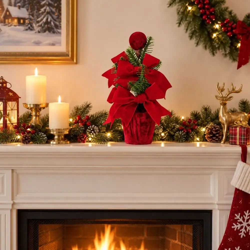 Velvet Fabric Red Christmas Ball Potted Plant Freestanding Artificial Pine Branches and Berries Mini Christmas Tree Potted