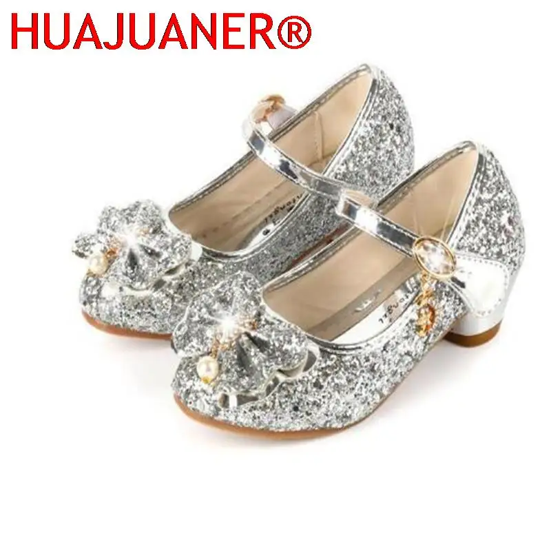 Princess Kids Leather Shoes For Girls Flower Casual Glitter Children High Heel Girls Shoes Butterfly Knot Blue Pink Silver