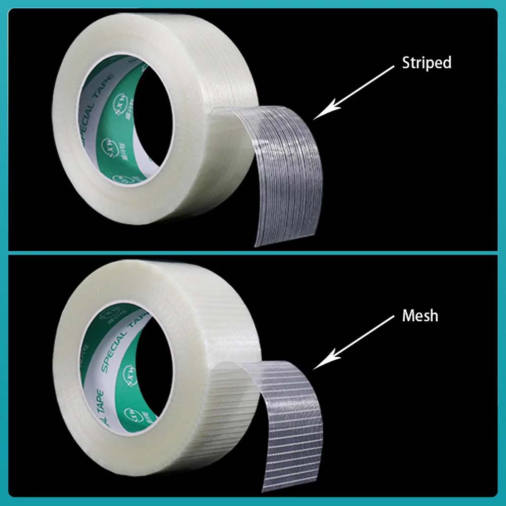 10-50mm Striped Mesh Fiberglass Reinforced Tape Clear Single Sided Heavy Adhesive Industrial Tape for Strapping Securing Sealing
