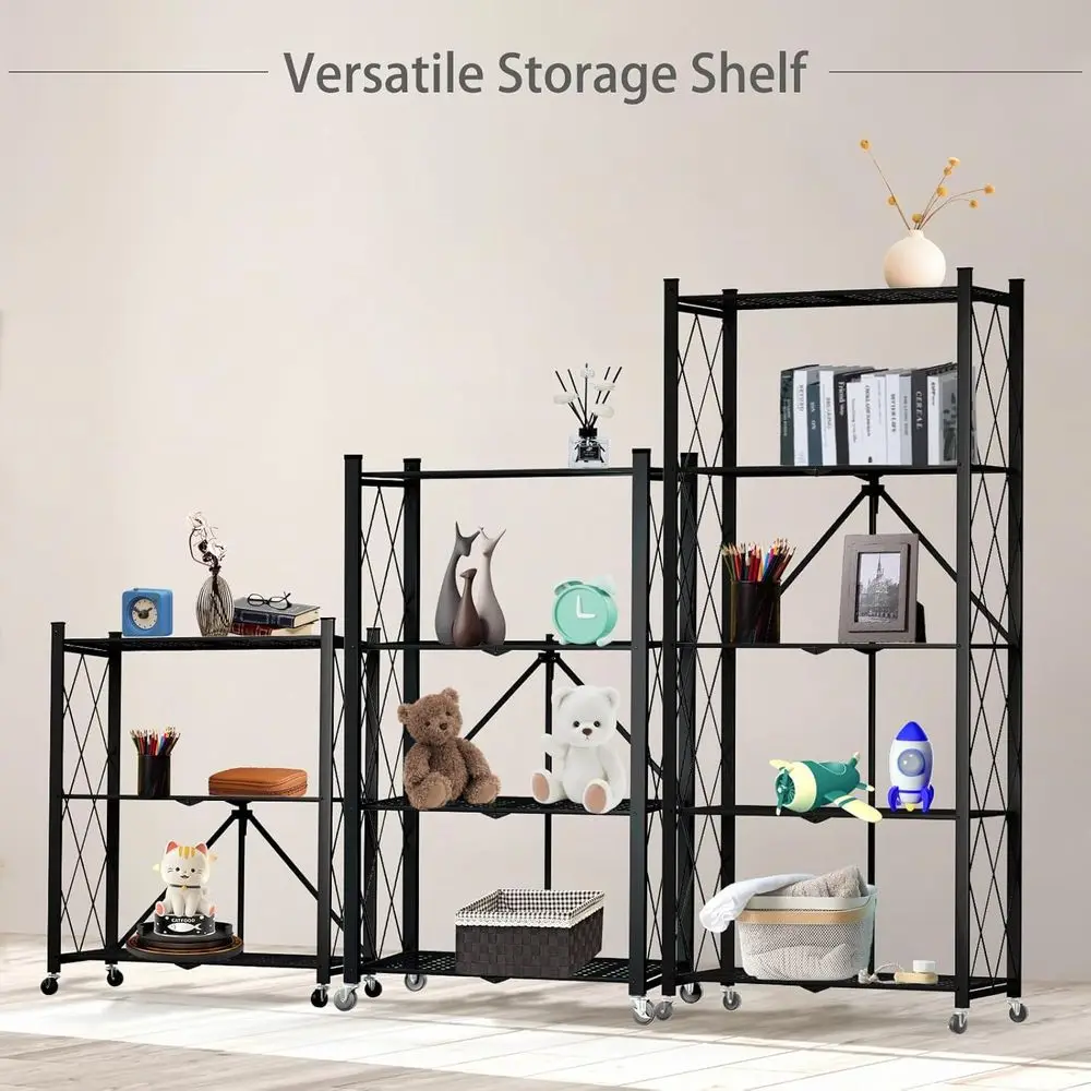رف فولاذي قابل للطي من 3 طبقات على عجلات، سعة 550 رطلاً، رف تخزين عالي التحمل للمرآب والمطبخ والمخزن والمكتب، أسود