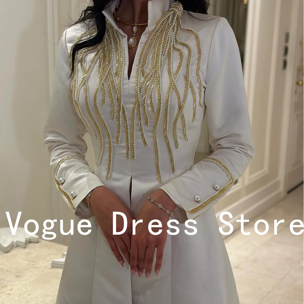 Customized Formal Pearls Crystal Off The Shoulder Jersey Evening Dress Modern A-Line High Collar Long Sleeves Homecomi