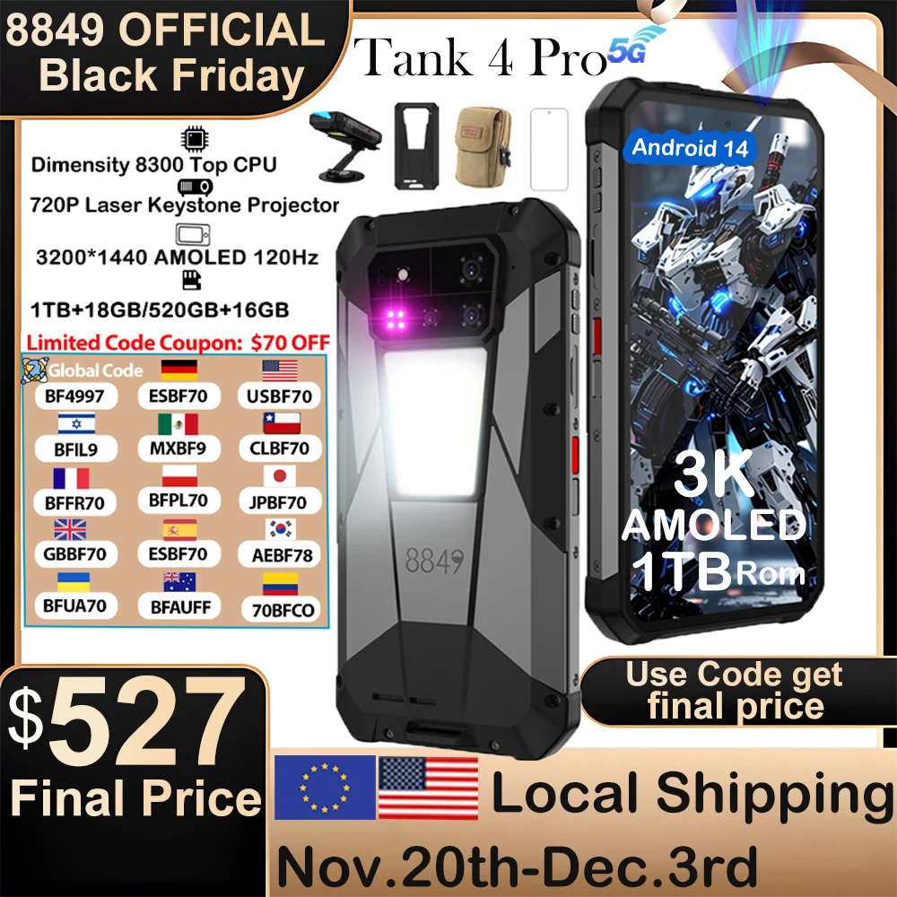 

8849 Tank 4 Pro Unihertz 5G Rugged Projector Smartphone 1TB 36G Android 14 Sports Phone 11600mAh Dimensity8300 AMOLED 120HZ