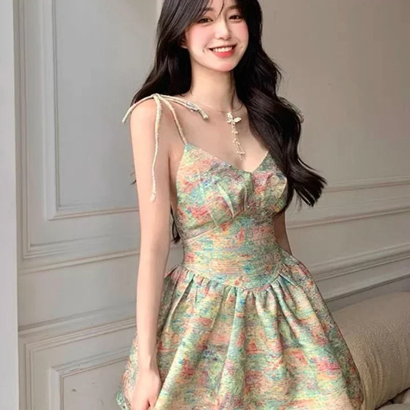 

Sleeveless Dress Women Summer All-match Sexy Leisure Print Design Sundress Elegant Female Korean Style Fit Vintage Aesthetic Ins