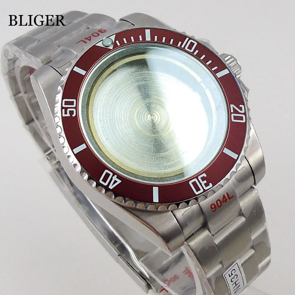 Red Alloy Bezel Insert 40mm Automatic Watch Case for NH35A NH36A ETA 2824 Miyota Movement Brushed Steel Strap Sapphire Glass