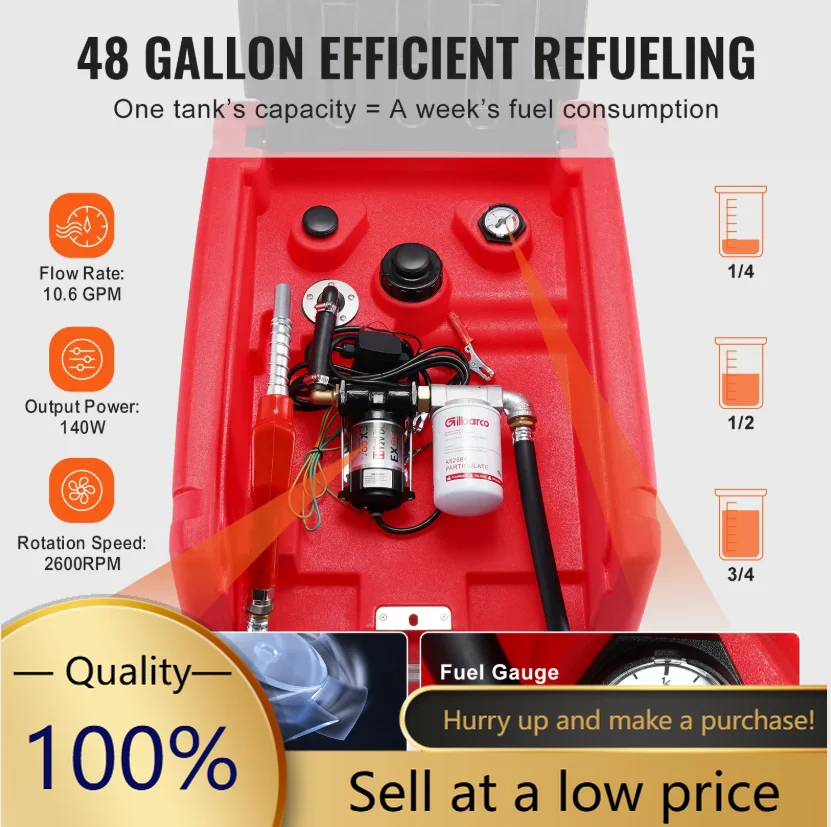 

48 Gallon, 10.6GPM Flow Rate, Diesel Fuel Tank with 12V Electric Transfer Pump, 13.1ft Hose, Auto Fueling Nozzle